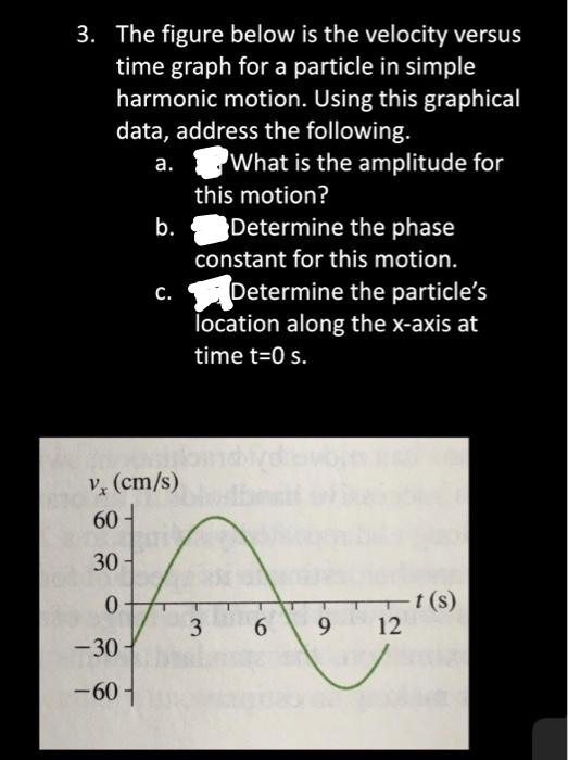 3. The figure below is the velocity versus
time graph for a particle in simple
harmonic motion. Using this graphical
data, address the following.
a.
What is the amplitude for
b.
-30
-60-
C.
V, (cm/s)
60
30-
0
this motion?
Determine the phase
constant for this motion.
Determine the particle's
location along the x-axis at
time t=0 s.
3
6
9
12
-t (s)