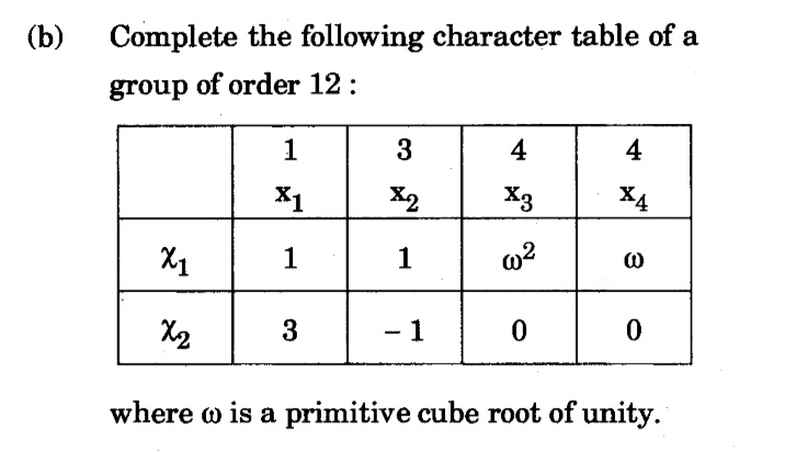 (b)
Complete the following character table of a
group of order 12:
1
3
4
4
X1
X2
X3
X4
X1
1
1
w?
3
- 1
where w is a primitive cube root of unity.
