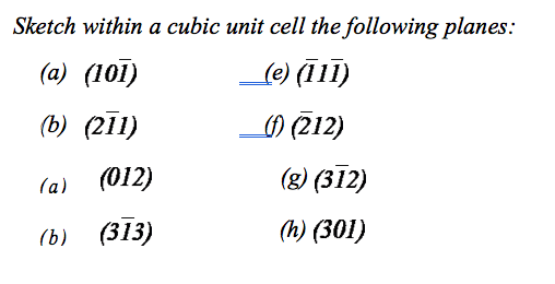 Sketch within a cubic unit cell the following planes:
(а) (101)
(e) (111)
(b) (2Ī1)
_M (212)
