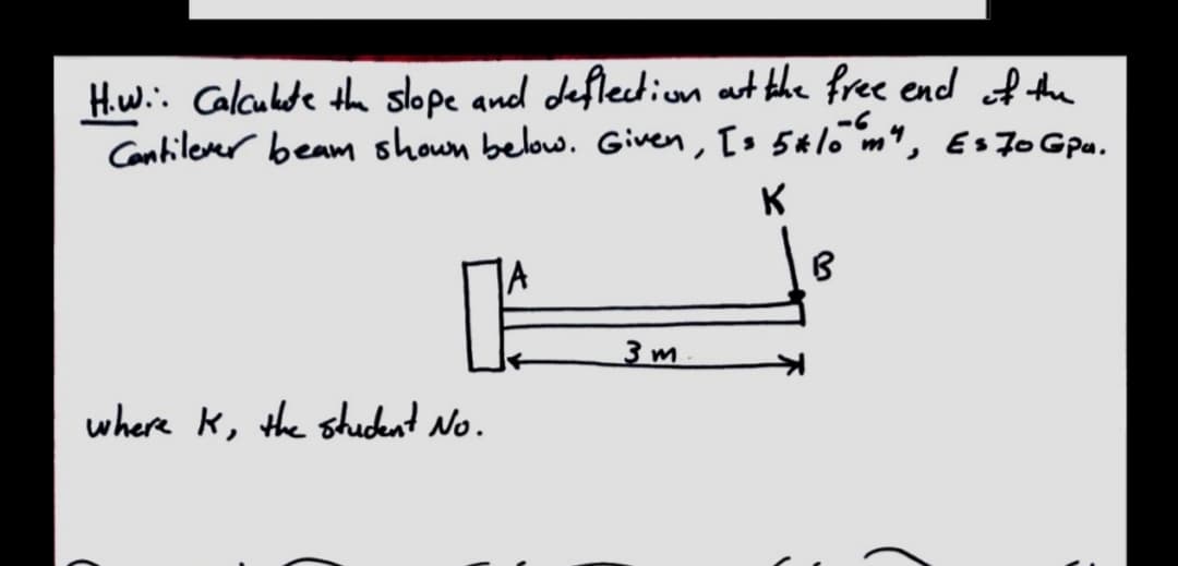 Hw.: Calcubde the slope and deflection at the free end f the
Cantilever beam shown below. Given, Is 5*l6 m", Es7o Gpu.
K
3 m
where K, the sheudent No.

