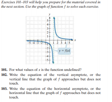 Exercises 101–103 will help you prepare for the material covered in
the next section. Use the graph of function f to solve each exercise.
5-
4-
3-
2-
1-
-5-4
1 2 3 45
y = flx)
101. For what values of x is the function undefined?
102. Write the equation of the vertical asymptote, or the
vertical line that the graph of f approaches but does not
touch.
103. Write the equation of the horizontal asymptote, or the
horizontal line that the graph of f approaches but does not
touch.
