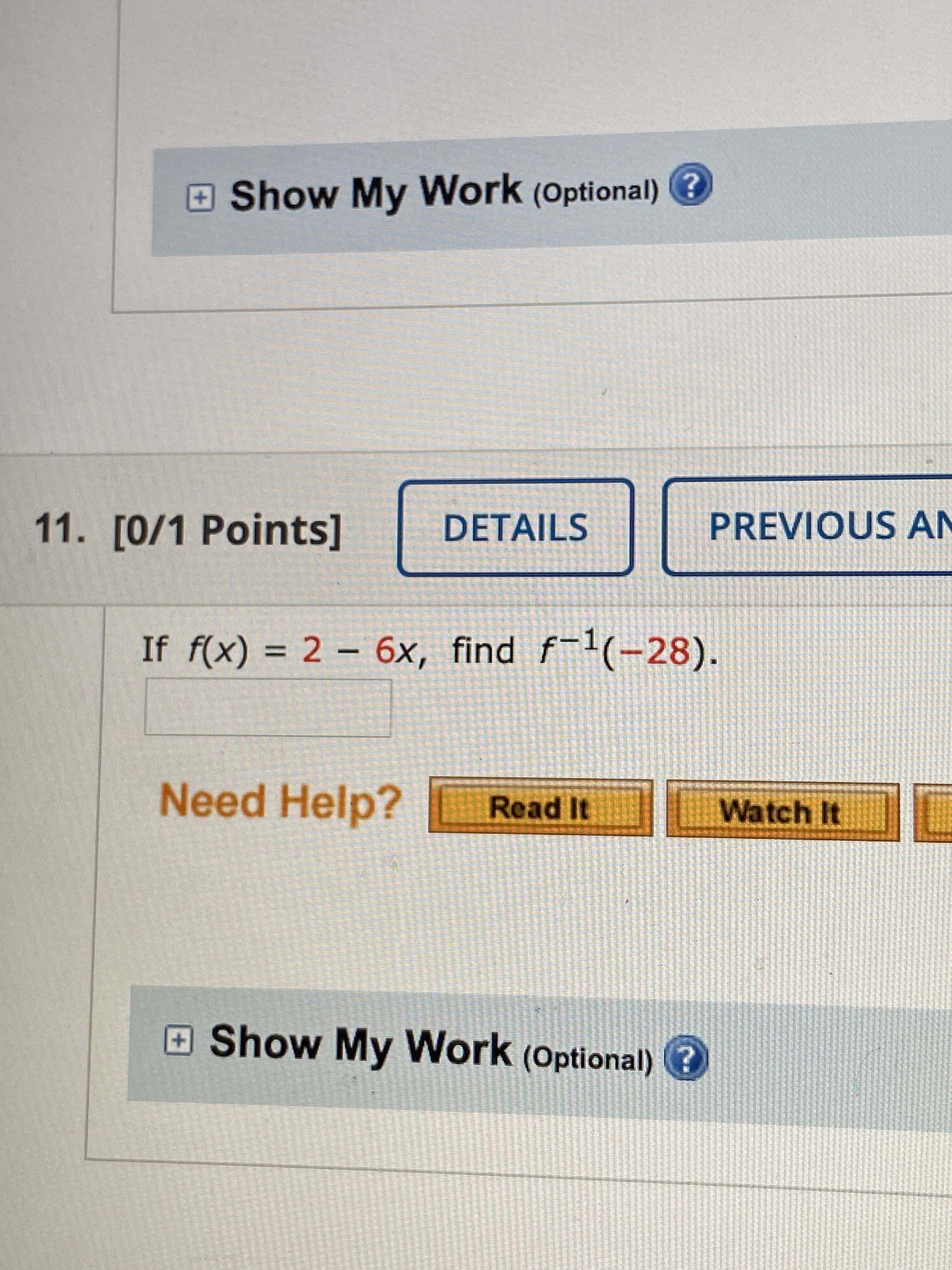 If f(x) = 2 – 6x, find f-'(-28).
%3D
