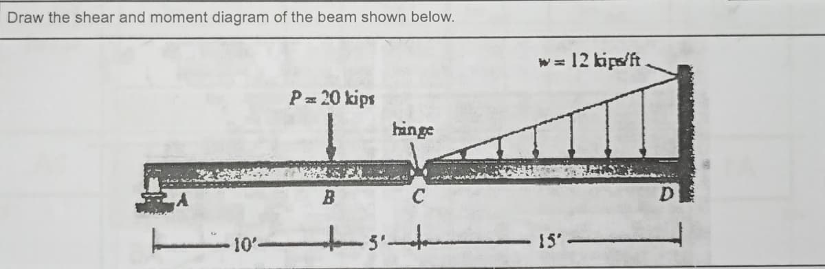 Draw the shear and moment diagram of the beam shown below.
w = 12 kips/ft.
P= 20 kips
hinge
10-
15-
