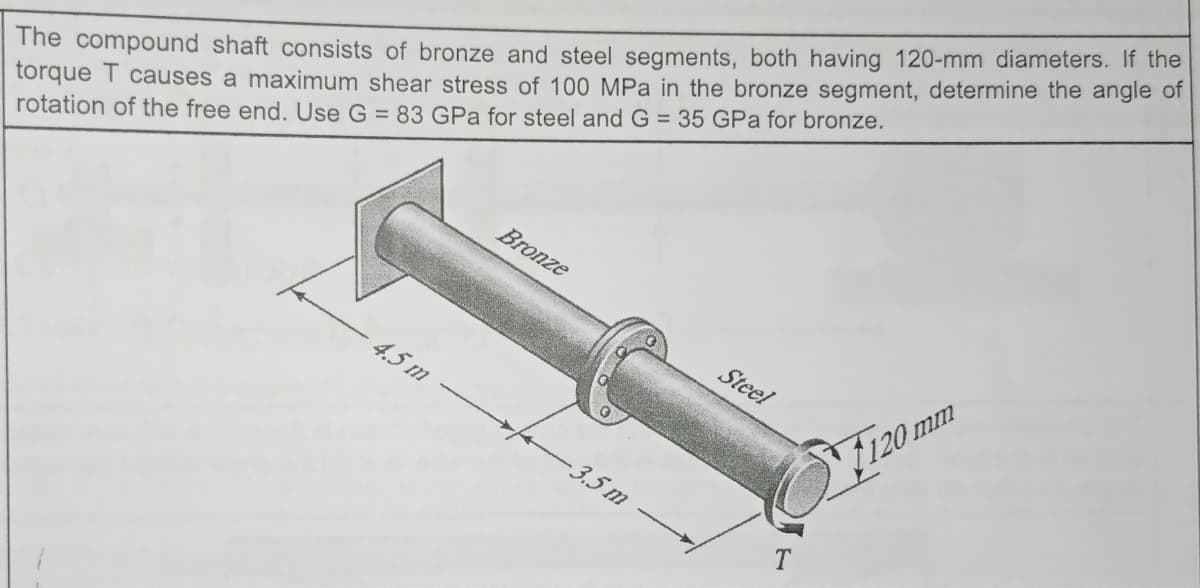 The compound shaft consists of bronze and steel segments, both having 120-mm diameters. If the
torque T causes a maximum shear stress of 100 MPa in the bronze segment, determine the angle of
rotation of the free end. Use G = 83 GPa for steel and G = 35 GPa for bronze.
Bronze
Steel
4.5 m
'120 mm
-3,5 m -
T
