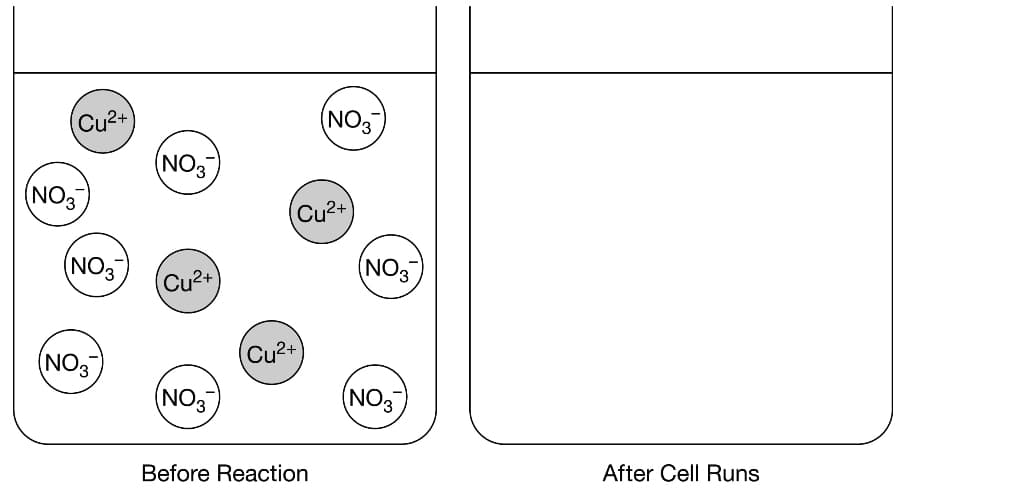 Cu2+
(NO3
(NO3
(NO3
Cu2+
(NO3
(NO3
(Cu2+
(NO3
Cu2+
(NO3
(NO3
Before Reaction
After Cell Runs
