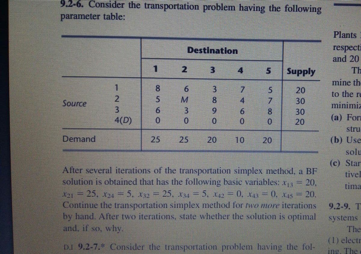 9.2-6. Consider the transportation problem having the following
parameter table:
Plants
respecti
and 20
Th
Destination
4
Supply
mine the
1.
9.
20
30
30
20
to the re
8.
4
9.
Source
7.
minimiz
(а) Fort
3.
6.
4(D)
0.
0.
stru
Demand
(b) Use
solu
(c) Star
tivel
tima
25
25
10
20
After several iterations of the transportation simplex method, a BF
solution is obtained that has the following basic variables, x= 20,
20.
Continue the transportation simplex method for wo more iterations
by hand. After two iterations, state whether the solution is optimal
25, 5, X2 =0, x – 0, 15
9.2-9. T
systems
The
(1) electr
ing. The
and, if so, why.
D1.9.2-7. Consider the transportation problem having the fol-
740O
20
