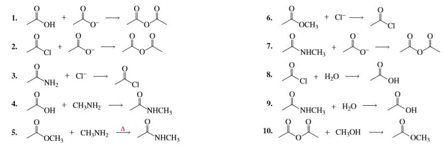 1.
6.
+ CI
ОСН,
ОН
2.
7.
CI
`NHCH3
3.
+ CI
NH2
8.
CI
+ H2O
ОН
CI
4.
9.
+ CH3NH2
ОН
NHCH3
`NHCH3
+ H,0
Он
5.
+ CH;NH2
OCH3
`NHCH3
10.
+ CH3OH
OCH3
