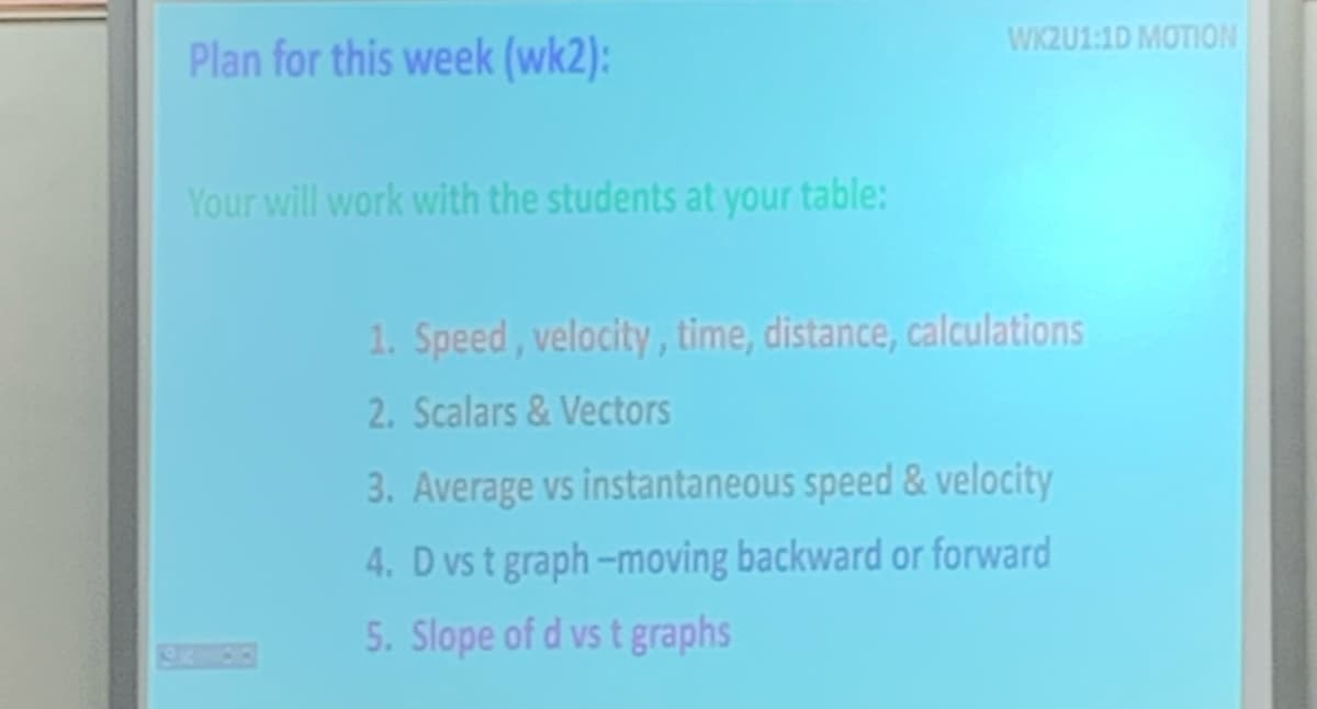 WK2U1:1D MOTION
Plan for this week (wk2):
Your will work with the students at your table:
1. Speed, velocity, time, distance, calculations
2. Scalars& Vectors
3. Average vs instantaneous speed & velocity
4. D vs t graph-moving backward or forward
5. Slope of d vs t graphs
