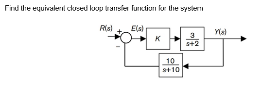 Find the equivalent closed loop transfer function for the system
R(s)
E(s)
Y(s)
K
s+2
10
s+10
