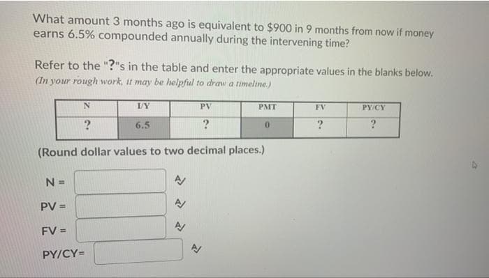 What amount 3 months ago is equivalent to $900 in 9 months from now if money
earns 6.5% compounded annually during the intervening time?
Refer to the "?"s in the table and enter the appropriate values in the blanks below.
(In your rough work, it may be helpful to draw a timeline.)
/Y
PV
PMT
FV
PY/CY
6.5
?
(Round dollar values to two decimal places.)
N =
PV =
%3D
FV =
PY/CY=
