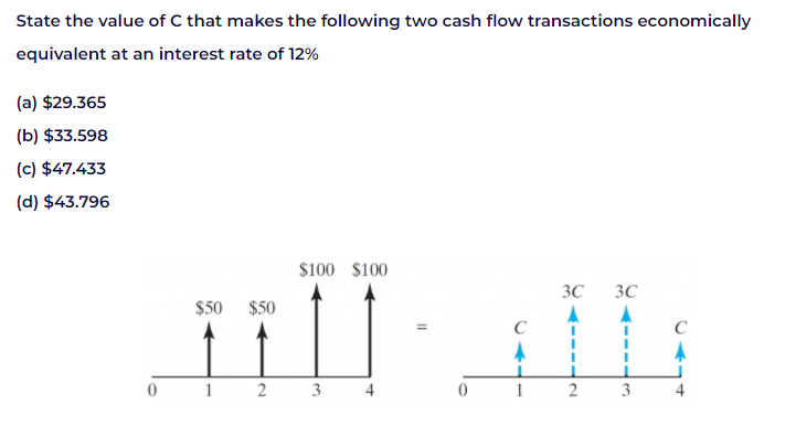 State the value of C that makes the following two cash flow transactions economically
equivalent at an interest rate of 12%
(a) $29.365
(b) $33.598
(c) $47.433
(d) $43.796
0
$50 $50
1
2
$100 $100
3
4
0
1
3C 3C
2
I
3
C
4