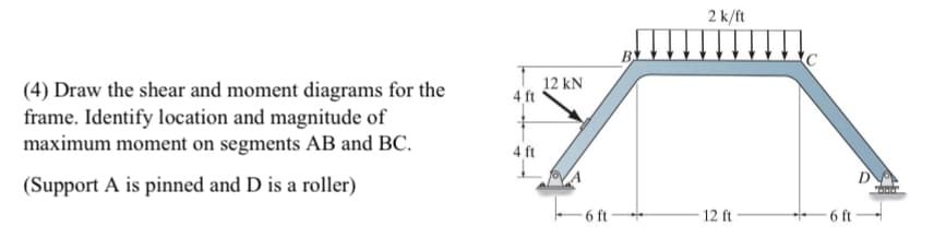 (4) Draw the shear and moment diagrams for the
frame. Identify location and magnitude of
maximum moment on segments AB and BC.
(Support A is pinned and D is a roller)
T
4 ft
4 ft
12 kN
6 ft
2 k/ft
12 ft
6 ft