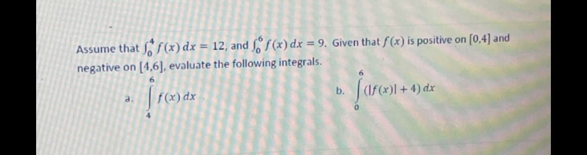 Assume that J f (x) dx = 12, and f f(x) dx = 9. Given that f (x) is positive on [0,4] and
%3D
negative on [4,6], evaluate the following integrals.
jaron- oca
f(x) dx
+4) dx
a.
b.
