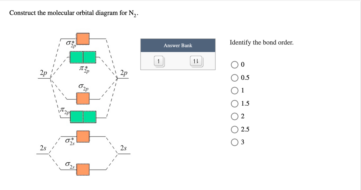 Construct the molecular orbital diagram for N,.
Identify the bond order.
2p
Answer Bank
1
11
2p
2p
0.5
1
1.5
2
2.5
*
3
2.s
2.s
