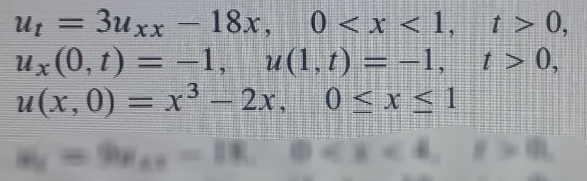 Ut
3uxx - 18x, 0<x<1,
t> 0,
ux(0, t) = −1, u(1,t) = -1, t>0,
u(x, 0) = x³ – 2x, 0≤x≤1
N
-IK
=