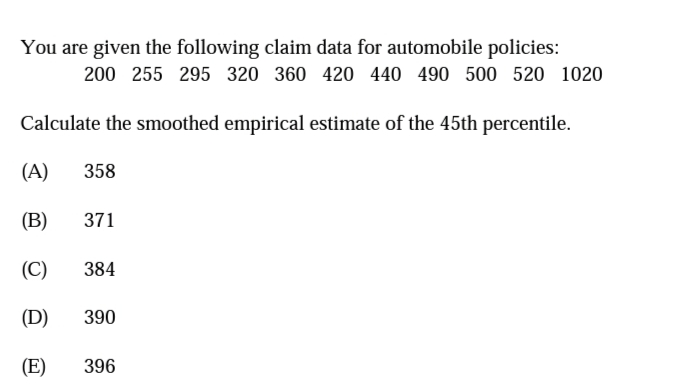 You are given the following claim data for automobile policies:
200 255 295 320 360 420 440 490 500 520 1020
Calculate the smoothed empirical estimate of the 45th percentile.
(A)
358
(B)
371
(C)
384
(D)
390
(E)
396
