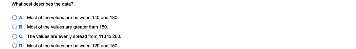 What best describes the data?
A. Most of the values are between 140 and 180.
B. Most of the values are greater than 150.
C. The values are evenly spread from 110 to 200.
D. Most of the values are between 120 and 150.