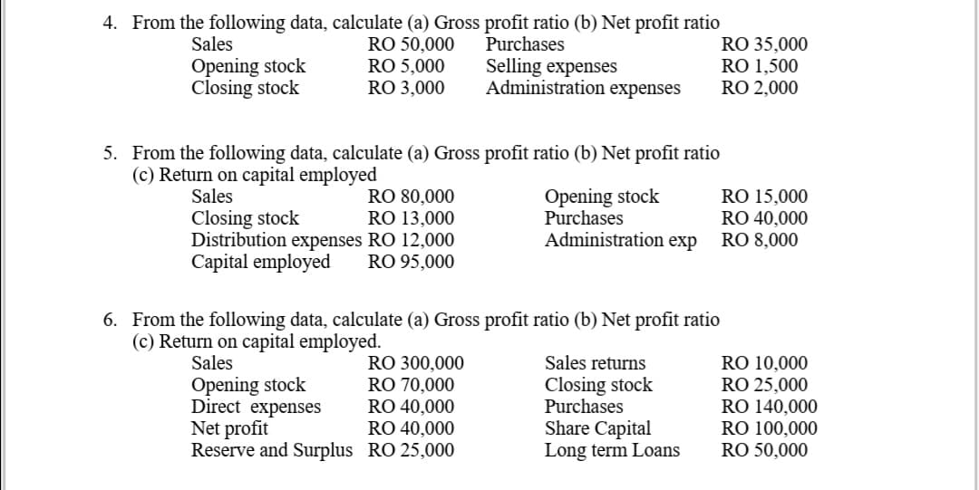 4. From the following data, calculate (a) Gross profit ratio (b) Net profit ratio
RO 50,000
RO 5,000
RO 3,000
Sales
Purchases
Opening stock
Closing stock
Selling expenses
Administration expenses
RO 35,000
RO 1,500
RO 2,000
5. From the following data, calculate (a) Gross profit ratio (b) Net profit ratio
(c) Return on capital employed
RO 80,000
RO 13,000
Distribution expenses RO 12,000
RO 95,000
Opening stock
Purchases
Administration exp
Sales
RO 15,000
RO 40,000
RO 8,000
Closing stock
Capital employed
6. From the following data, calculate (a) Gross profit ratio (b) Net profit ratio
(c) Return on capital employed.
Sales
Sales returns
Opening stock
Direct expenses
Net profit
RO 300,000
RO 70,000
RO 40,000
RO 40,000
Reserve and Surplus RO 25,000
Closing stock
Purchases
Share Capital
Long term Loans
RO 10,000
RO 25,000
RO 140,000
RO 100,000
RO 50,000
