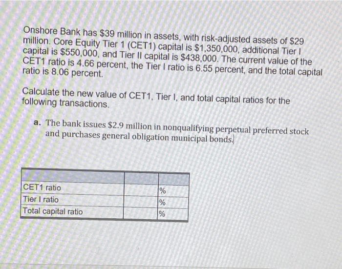 Onshore Bank has $39 million in assets, with risk-adjusted assets of $29
million. Core Equity Tier 1 (CET1) capital is $1,350,000, additional Tier I
capital is $550,000, and Tier Il capital is $438,000. The current value of the
CET1 ratio is 4.66 percent, the Tier I ratio is 6.55 percent, and the total capital
ratio is 8.06 percent.
Calculate the new value of CET1, Tier I, and total capital ratios for the
following transactions.
a. The bank issues $2.9 million in nonqualifying perpetual preferred stock
and purchases general obligation municipal bonds.
%
%
%
CET1 ratio
Tier I ratio
Total capital ratio
