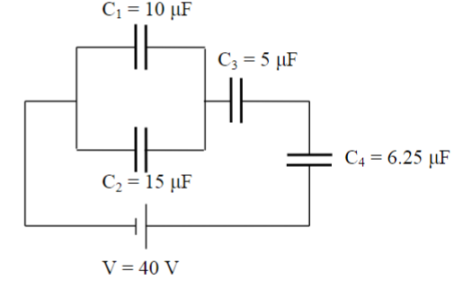 C₁ = 10 µF
HH
C₂ = 15 µF
V = 40 V
C3 = 5 μF
C4 = 6.25 μF