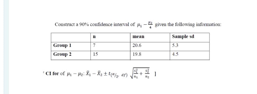 Construct a 90% confidence interval of µ1
given the following information:
Sample sd
In
mean
Group 1
20.6
5.3
Group 2
15
19.8
4.5
* CI for of µ1 – 42: X1 – X2 ± t(@/½, asr)
n1
n2
