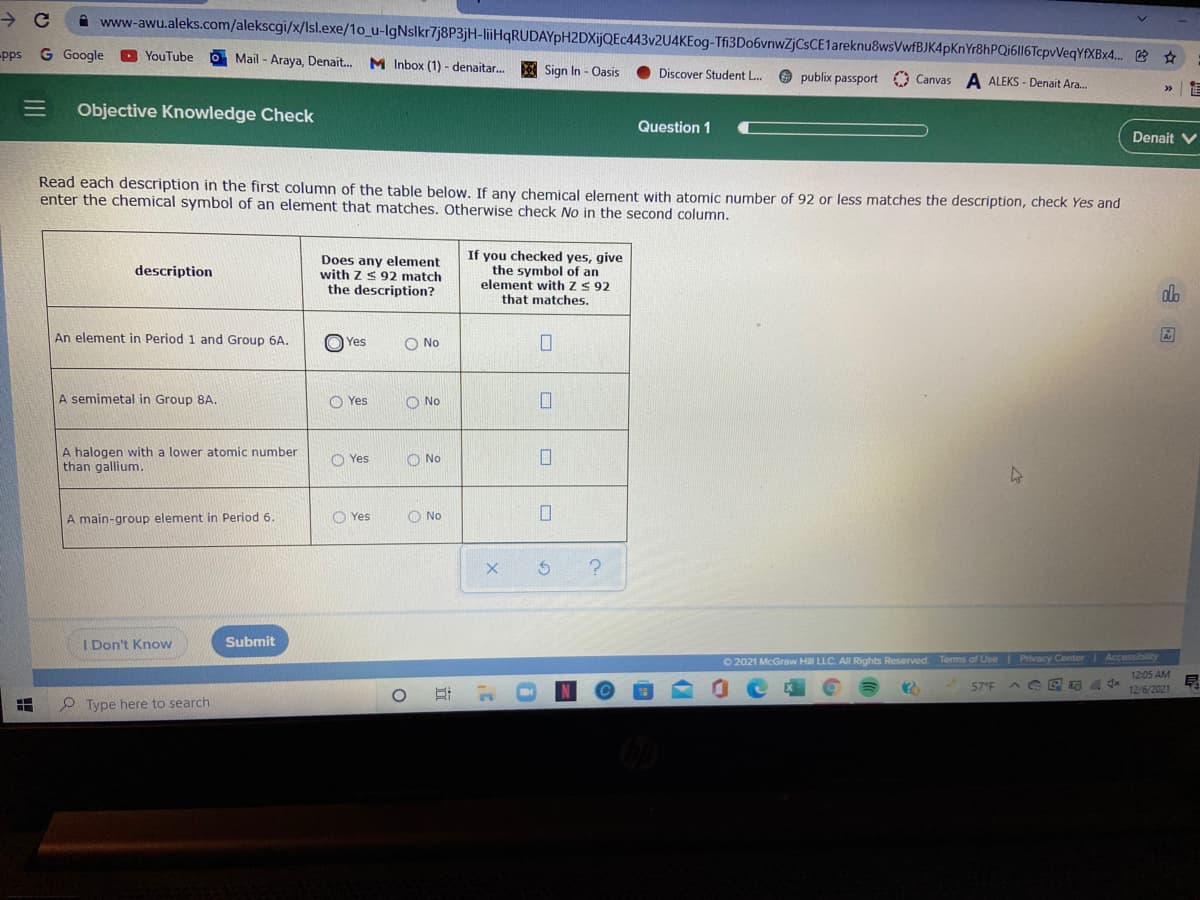 A www-awu.aleks.com/alekscgi/x/Isl.exe/1o_u-IgNslkr7j8P3jH-liiHqRUDAYpH2DXijQEc443v2U4KEog-Tfi3Do6vnwZjCsCE1areknu8wsVwfBJK4pKnYr8hPQi6|16TcpvVeqYfXBx4. *
pps
G Google
YouTube
Mail - Araya, Denait. M Inbox (1) - denaitar.
Sign In - Oasis
Discover Student L..
O publix passport O Canvas
A ALEKS - Denait Ara.
Objective Knowledge Check
Question 1
Denait V
Read each description in the first column of the table below. If any chemical element with atomic number of 92 or less matches the description, check Yes and
enter the chemical symbol of an element that matches. Otherwise check No in the second column.
Does any element
with ZS 92 match
the description?
If you checked yes, give
the symbol of an
element with Z$ 92
that matches.
description
alb
An element in Period 1 and Group 6A.
O Yes
O No
A semimetal in Group 8A.
O Yes
O No
A halogen with a lower atomic number
than gallium.
O No
O Yes
A main-group element in Period 6.
O Yes
O No
I Don't Know
Submit
O 2021 McGraw Hill LLC. All Rights Reserved. Terms of Use Privacy Center Accessibility
12:05 AM
57°F
12/6/2021
O Type here to search
