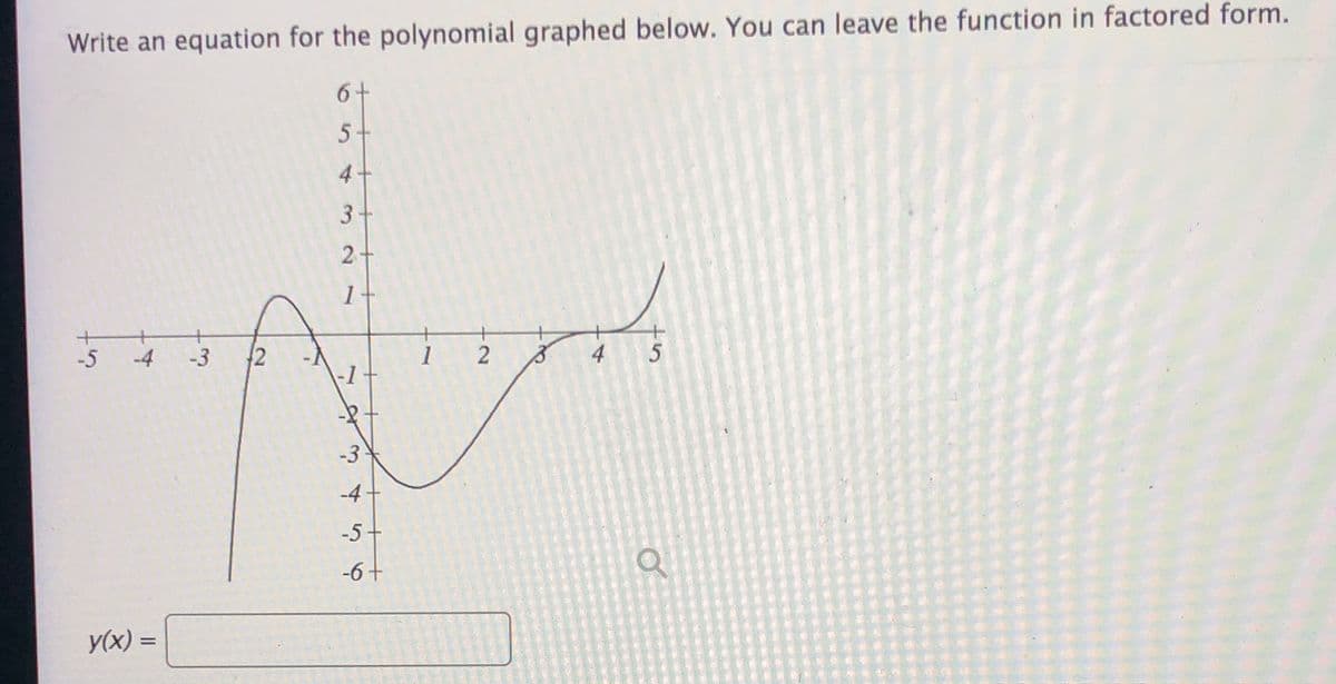 Write an equation for the polynomial graphed below. You can leave the function in factored form.
6+
5+
4+
3+
2+
-5
-4
-3
1
4
-1
-3
-4
-5+
-6+
y(x) =
2.
らら
2,

