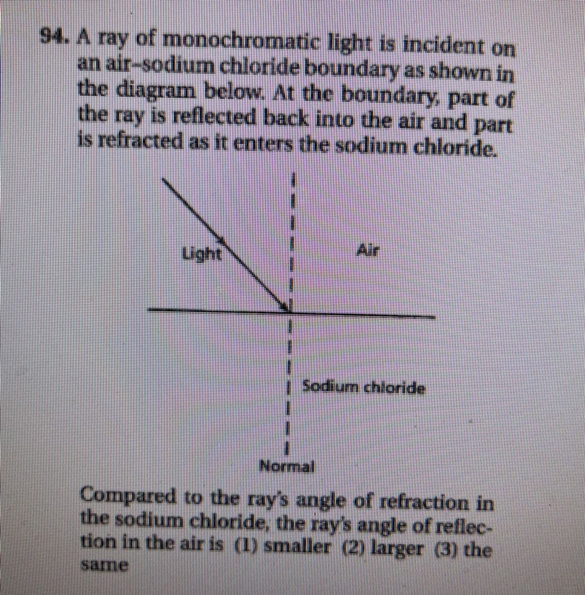 94. A ray of monochromatie light is incident on
an air-sodium chloride boundary as shown in
the diagram below. At the boundary, part of
the ray is reflected back into the air and part
is refracted as it enters the sodium chloride.
Air
Light
Sodium chloride
Normal
Compared to the ray's angle of refraction in
the sodium chloride, the ray's angle of reflec-
tion in the air is (1) smaller (2) larger (3) the
same
