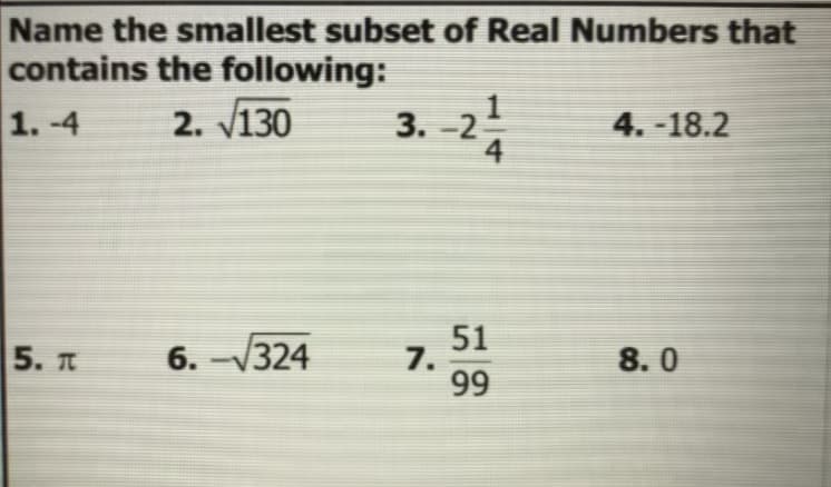 Name the smallest subset of Real Numbers that
contains the following:
2. V130
3. -2
4
4. -18.2
1.-4
51
7.
99
5. T
6.
-V324
8.0
