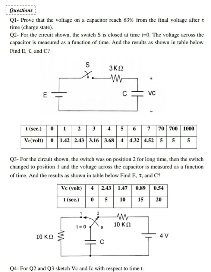 Questions
Q1- Prove that the voltage on a capacitor reach 63% from the final voltage after T
time (charge state).
