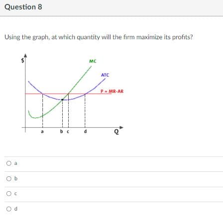 Question 8
Using the graph, at which quantity will the firm maximize its profits?
MC
CO
Ob
Ос
Od
b c
ATC
P= MR-AR