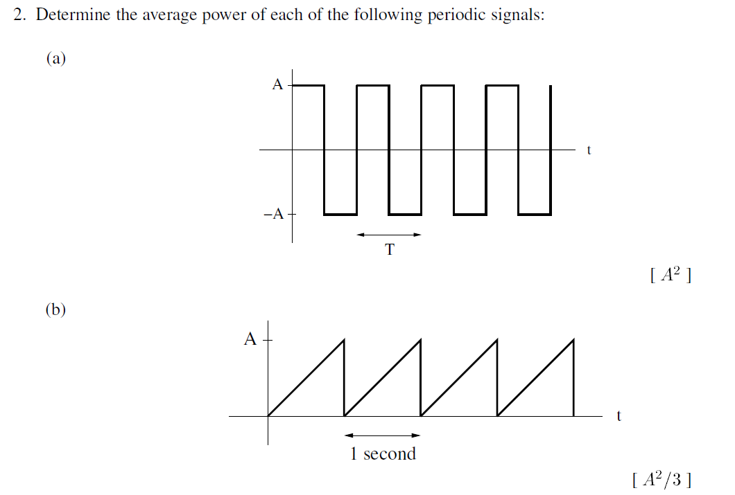 2. Determine the average power of each of the following periodic signals:
(a)
A
-A
T
[ A? ]
(b)
A
t
1 second
[ ² /3 ]
