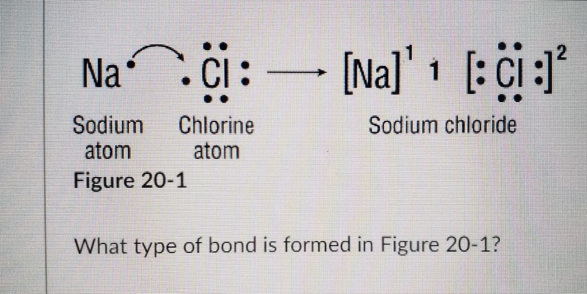 [Na]' 1 [:Ci :]*
2
Sodium chloride
Sodium
atom
Chlorine
atom
Figure 20-1
What type of bond is formed in Figure 20-1?
