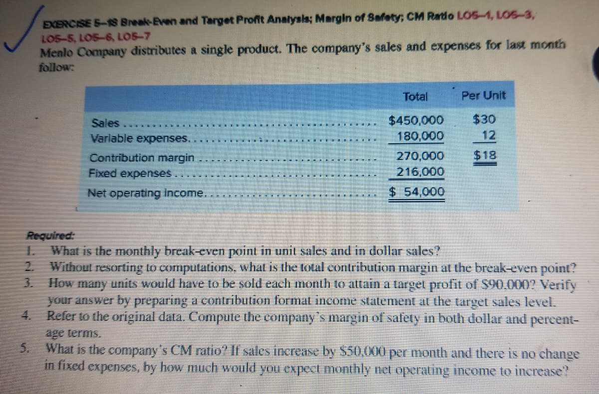 EXERCISE 5-1S Break-Even and Target Profft Analysis; Margin of Safety; CM Ratio LOS-1, LOS-3,
LOS-5, LOS-6, LOS-7
Menlo Company distributes a single product. The company's sales and expenses for last month
follow:
Total
Per Unit
$450,000
180,000
$30
12
Sales
Varlable expenses.
270,000
$18
Contribution margin
Fixed expenses
216,000
Net operating Income.
$ 54,000
Required
What is the monthly break-even point in unit sales and in dollar sales?
2.
Without resorting to computations, what is the total contribution margin at the break-even point
3.
How
many units would have to be sold each month to attain a target profit of S90.000? Verify
your answer by preparing a contribution format income statement at the target sales level.
4.
Refer to the original data. Compule the company's margin of safety in both dollar and percent-
age terms.
5.
What is the company's CM ratio? If sales increase by $50,000per month and there is no change
in fixed expenses, by how much would you expct monthly net operating income to increase?
