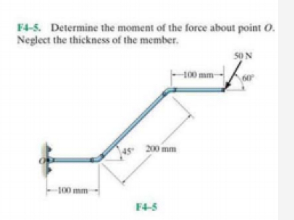 F4-5. Determine the moment of the force about point O.
Neglect the thickness of the member.
S0 N
100 mm
200 mm
100 mm
F4-5

