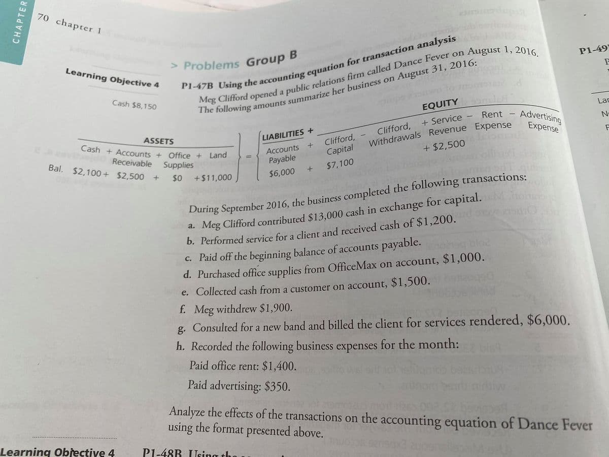 70 chapter 1
Learning Objective 4
> Problems Group B
August 1, 2016.
P1-49
amounts summarize her business on August 31, 2016:
EQUITY
Cash $8,150
The following
Lar
Advertising
Expense
Rent
+ Service
ASSETS
Cash + Accounts + Office + Land
LIABILITIES +
Clifford,
Clifford,
Capital
Withdrawals Revenue Expense
Accounts +
Receivable
Bal. $2,100+ $2,500
+ $2,500
Supplies
Payable
$7,100
$0
+$11,000
$6,000
During September 2016, the business completed the following transactions:
a. Meg Clifford contributed $13,000 cash in exchange for capital.
b. Performed service for a client and received cash of $1,200.
C. Paid off the beginning balance of accounts payable.
d. Purchased office supplies from OfficeMax on account, $1,000.
oag bloz
e. Collected cash from a customer on account, $1,500.
f. Meg withdrew $1,900.
g. Consulted for a new band and billed the client for services rendered, $6,000.
h. Recorded the following business expenses for the month:
Paid office rent: $1,400.
bist
Paid advertising: $350.
Analyze the effects of the transactions on the accounting equation of Dance Fever
using the format presented above.
Learning Objective 4
P1-48R Using tho
CHAPTER
