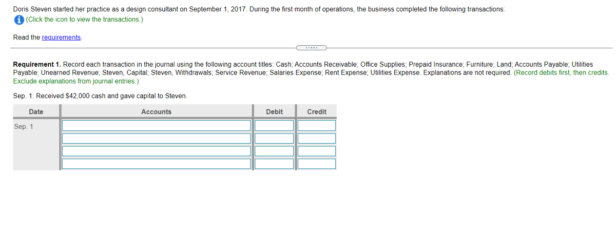 Doris Steven started her practice as a design consultant on September 1, 2017. During the first month of operations, the business completed the following transactions:
(Click the icon to view the transactions.)
Read the requirements.
Requirement 1. Record each transaction in the journal using the following account titles: Cash; Accounts Receivable; Office Supplies; Prepaid Insurance; Furniture; Land; Accounts Payable; Utilities
Payable; Unearned Revenue; Steven, Capital; Steven, Withdrawals; Service Revenue; Salaries Expense; Rent Expense; Utilities Expense. Explanations are not required. (Record debits first, then credits.
Exclude explanations from journal entries.)
Sep. 1: Received $42,000 cash and gave capital to Steven.
Date
Accounts
Debit
Credit
Sep. 1
