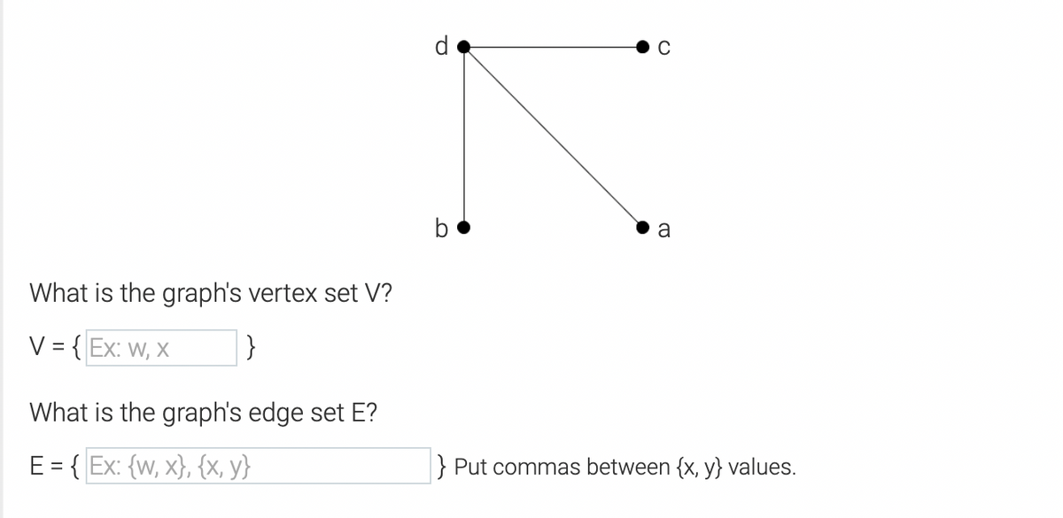 b
a
What is the graph's vertex set V?
V = { Ex: w, x
}
What is the graph's edge set E?
E = { Ex: {w, x}, {x, y}
} Put commas between {x, y} values.
