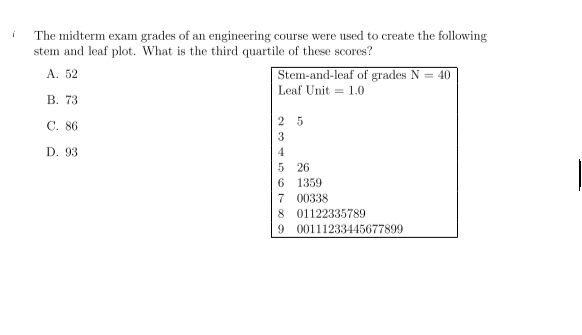 The midterm exam grades of an engineering course were used to create the following
stem and leaf plot. What is the third quartile of these scores?
A. 52
| Stem-and-leaf of grades N = 40
Leaf Unit = 1.0
B. 73
C. 86
25
D. 93
4
5 26
6.
1359
7 00338
8 01122335789
9 00111233445677899
