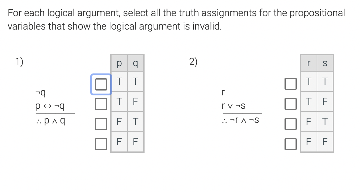 For each logical argument, select all the truth assignments for the propositional
variables that show the logical argument is invalid.
1)
2)
r
S
T T
r
T F
T F
p+ -q
rv ¬S
FT
F T
:-
F F
F F
