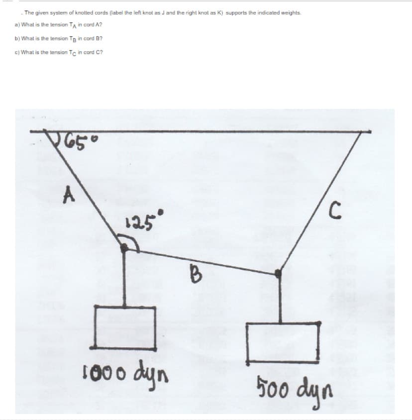 - The given system of knotted cords (label the left knot as J and the right knot as K) supports the indicated weights.
a) What is the tension TA in cord A?
b) What is the tension Tg in cord B?
c) What is the tension Tc in cord C?
A
125
1000 dyn
500 dyn
