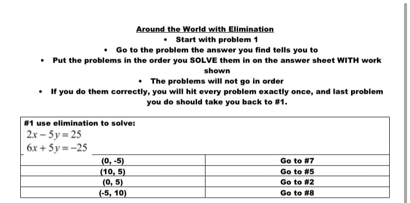 Around the World with Elimination
• Start with problem 1
• Go to the problem the answer you find tells you to
• Put the problems in the order you SOLVE them in on the answer sheet WITH work
shown
The problems will not go in order
• If you do them correctly, you will hit every problem exactly once, and last problem
you do should take you back to #1.
#1 use elimination to solve:
2x – 5y = 25
6x + 5y = -25
(0, -5)
(10, 5)
(0, 5)
(-5, 10)
Go to #7
Go to #5
Go to #2
Go to #8
