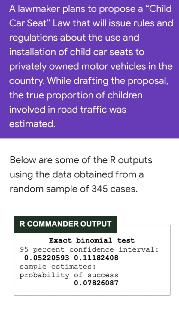 A lawmaker plans to propose a “Child
Car Seat" Law that will issue rules and
regulations about the use and
installation of child car seats to
privately owned motor vehicles in the
country. While drafting the proposal,
the true proportion of children
involved in road traffic was
estimated.
Below are some of the R outputs
using the data obtained from a
random sample of 345 cases.
R COMMANDER OUTPUT
Exact binomial test
95 percent confidence interval:
0.05220593 0.11182408
sample estimates:
probability of success
0.07826087

