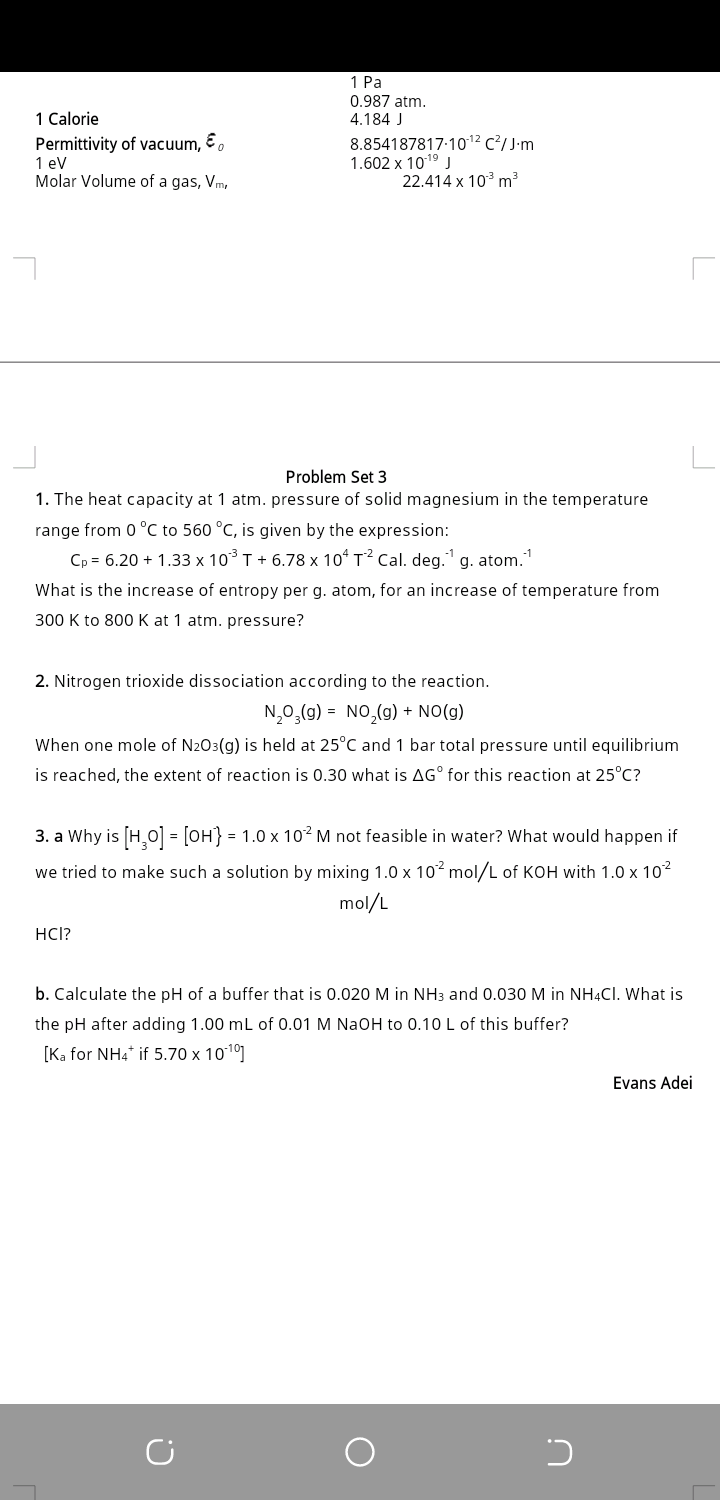 3. a Why is [H,0] = [OH} = 1.0 x 10² M not feasible in water? What would happen if
we tried to make such a solution by mixing 1.0 x 102 mol/L of KOH with 1.0 x 102
mol/L
HCI?
