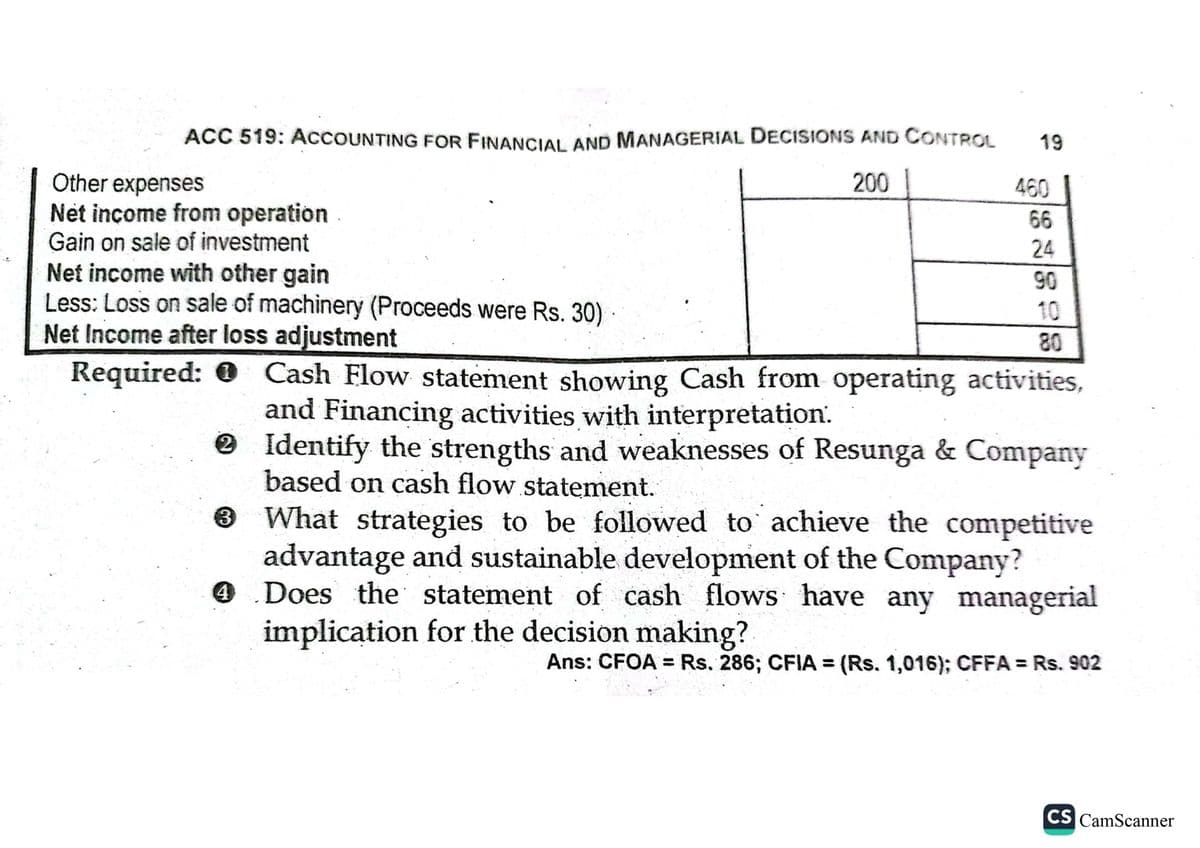 ACC 519: ACCOUNTING FOR FINANCIAL AND MANAGERIAL DECISIONS AND CONTROL
200
Other expenses
Net income from operation
Gain on sale of investment
Net income with other gain
Less: Loss on sale of machinery (Proceeds were Rs. 30).
Net Income after loss adjustment
Required:
19
3
460
66
24
90
10
80
Cash Flow statement showing Cash from operating activities,
and Financing activities with interpretation.
Identify the strengths and weaknesses of Resunga & Company
based on cash flow statement.
What strategies to be followed to achieve the competitive
advantage and sustainable development of the Company?
4 Does the statement of cash flows have any managerial
implication for the decision making?
Ans: CFOA = Rs. 286; CFIA = (Rs. 1,016); CFFA = Rs. 902
CS CamScanner