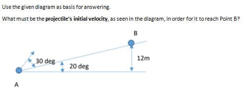 Use the given diagram as basis for answering.
What must be the projectile's initial velocity, as seen in the diagram, in order for it to reach Point B?
B
12m
30 deg
20 deg
