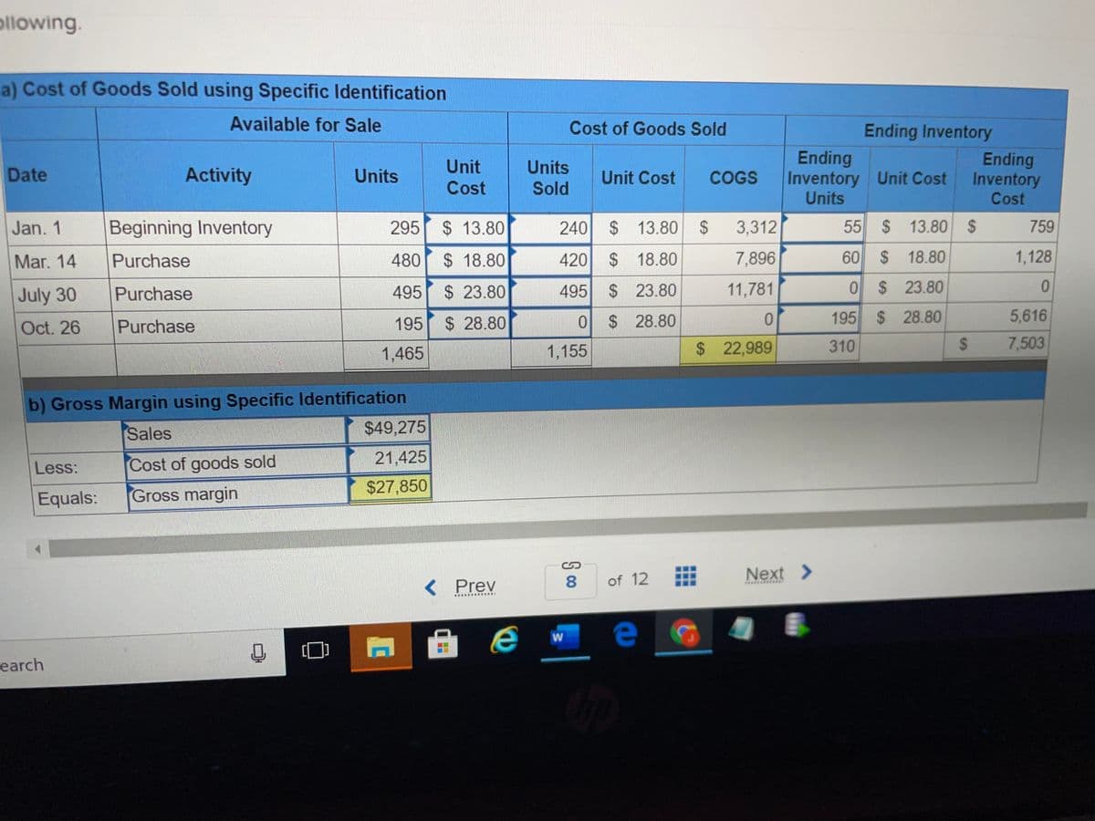 ollowing.
a) Cost of Goods Sold using Specific Identification
Available for Sale
Cost of Goods Sold
Ending Inventory
Unit
Cost
Units
Sold
Ending
Inventory Unit Cost
Units
Ending
Inventory
Cost
Date
Activity
Units
Unit Cost
COGS
Jan. 1
Beginning Inventory
295
$ 13.80
240
$13.80 $
3,312
55 $ 13.80 $
759
Mar. 14
Purchase
480 $ 18.80
420 $ 18.80
7,896
60 $ 18.80
1,128
July 30
Purchase
495
$ 23.80
495 $ 23.80
11,781
0 $ 23.80
0.
Oct. 26
195
$ 28.80
0 $ 28.80
195 $ 28.80
5,616
Purchase
1,465
1,155
$ 22,989
310
7,503
b) Gross Margin using Specific Identification
$49,275
Sales
Less:
Cost of goods sold
21,425
$27,850
Equals:
Gross margin
Next >
< Prev
8.
of 12
earch
%24
