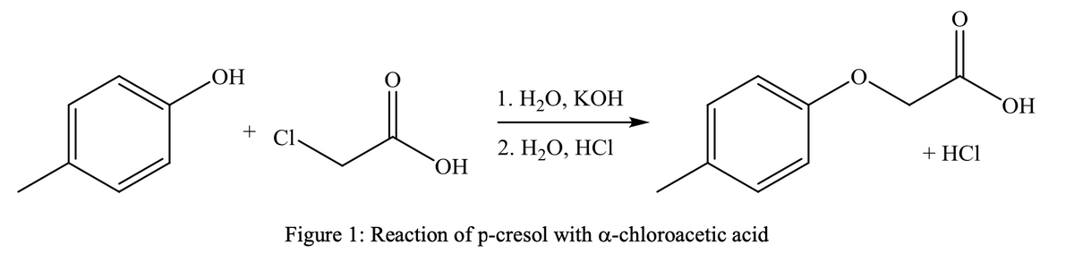 ОН
HO
1. Н,О, КОН
+ Cl-
2. Н2О, НСІ
+ HCI
ОН
Figure 1: Reaction of p-cresol with a-chloroacetic acid
