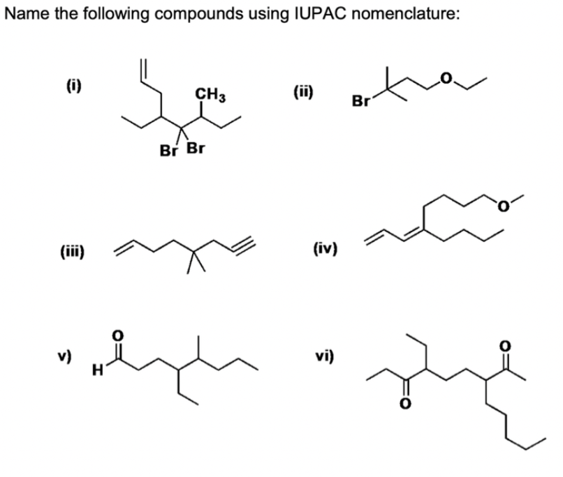 Name the following compounds using IUPAC nomenclature:
(i)
CH3
(ii)
Br
Br Br
(iii)
(iv)
v)
H
vi)
