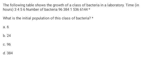 The following table shows the growth of a class of bacteria in a laboratory. Time (in
hours) 3 4 5 6 Number of bacteria 96 384 1 536 6144 *
What is the initial population of this class of bacteria? *
а. 6
b. 24
c. 96
d. 384
